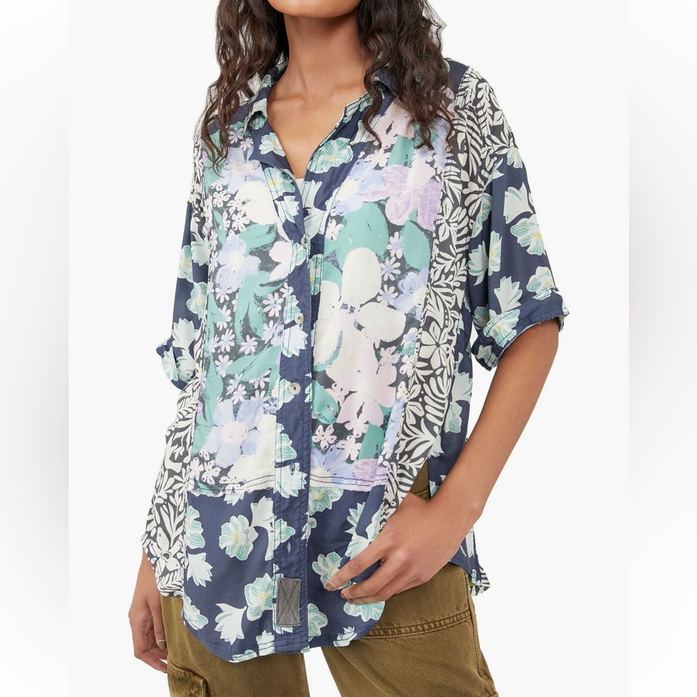Free People Floral Patchwork Button Down Shirt - Blue and Green